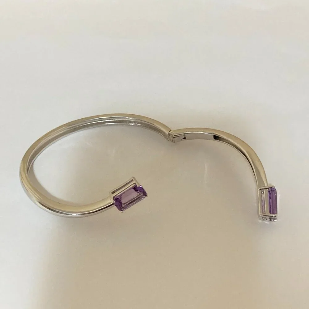 Sterling Silver Amethyst Semi Wrap Bangle Bracelet - Picture 6 of 9